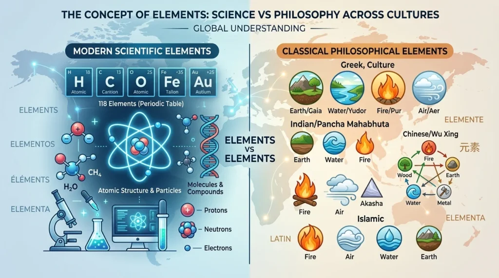 Elements in Science vs Philosophy Across Languages